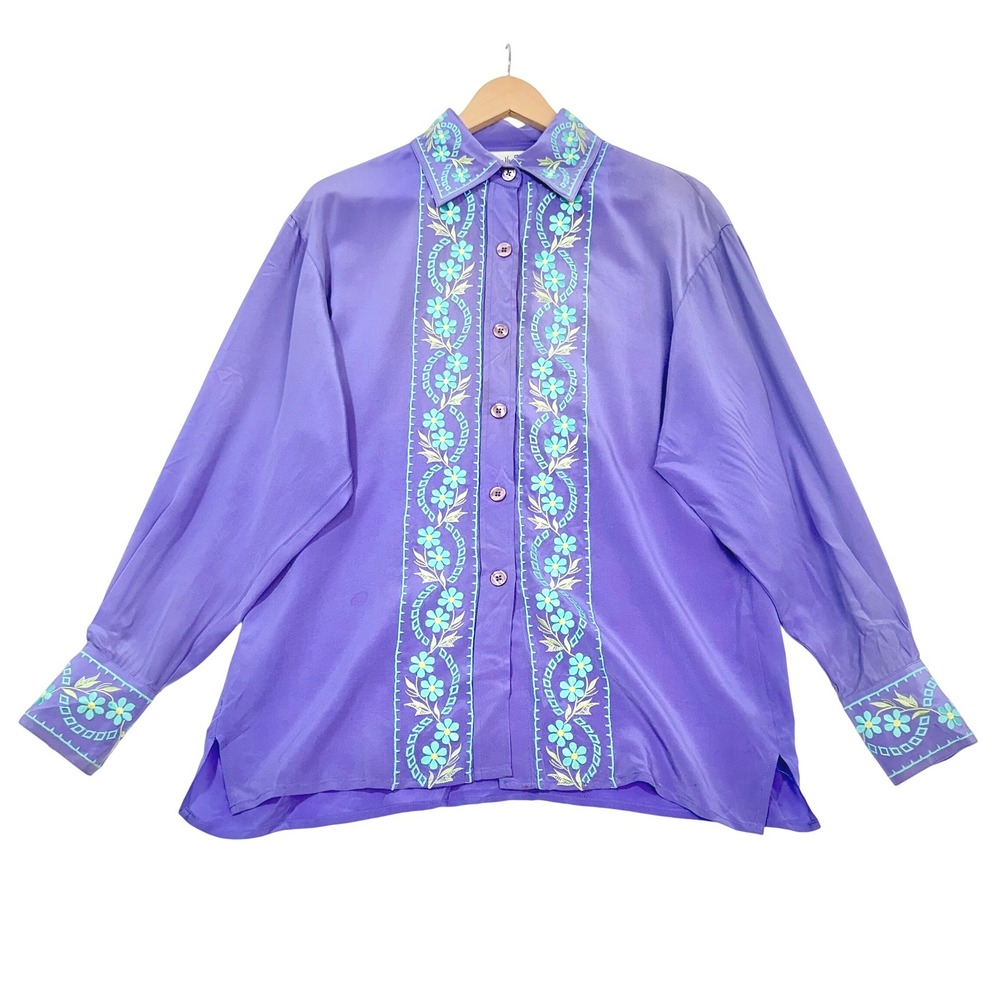 DVF Diane Von Furstenberg Vintage 100% Silk Embroidered Floral Blouse Purple XS